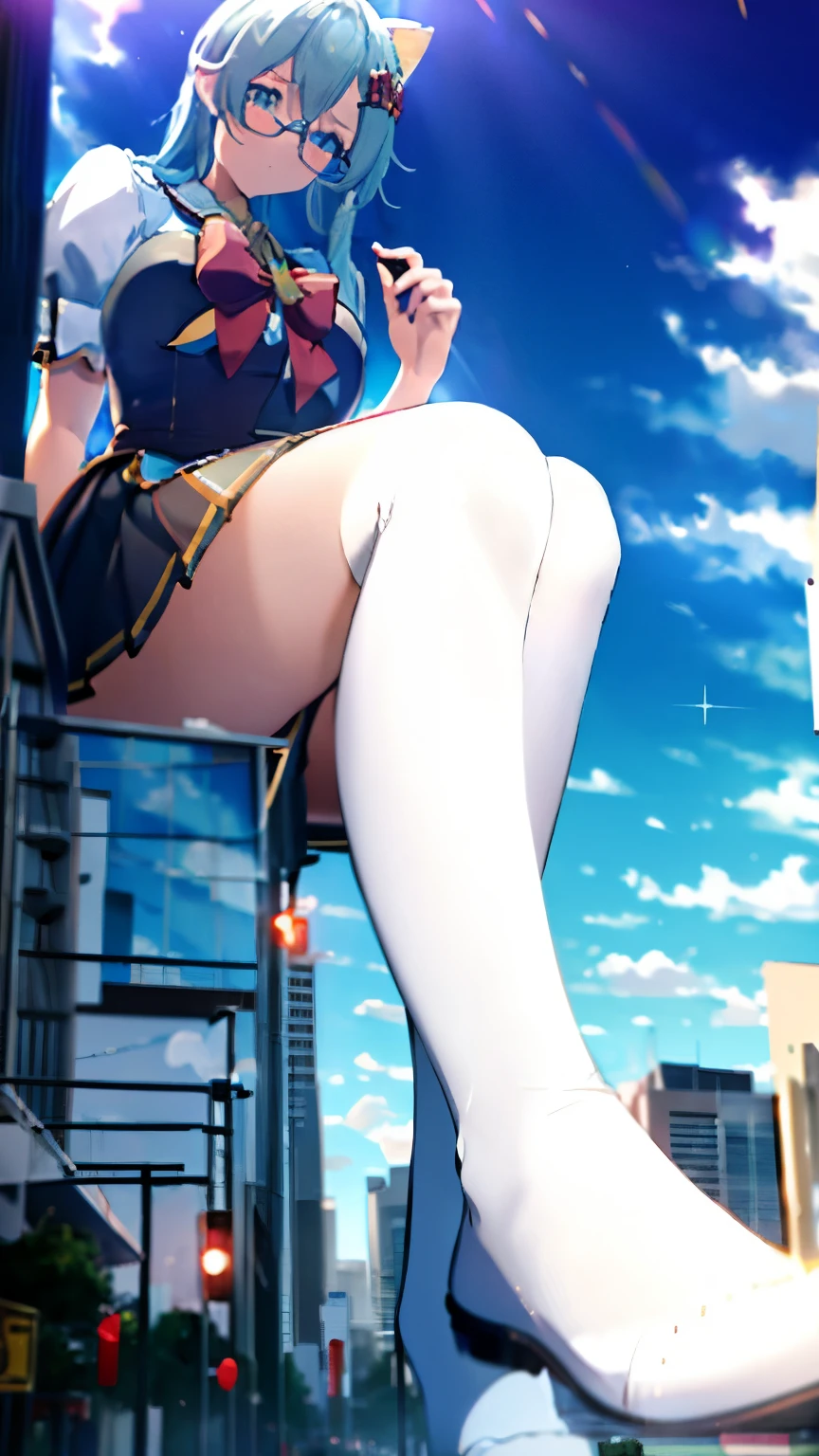 (( best quality, 12k, masterpiece :2)), beautiful woman with perfect body ,Royal sister,Huge,long legs,Radish legs,High material,huge ass,Thick thighs,Big breasts and thin waist,high socks,light blue hair,long hair,Cat ear,cat tail,Blue eyes smile,long legs,((round frame glasses,Uniforms,Sailor suit,White short sleeves,pleated skirt,red bow tie)),glowing blue eyes,Sit in a tall building,City,ground,balcony
