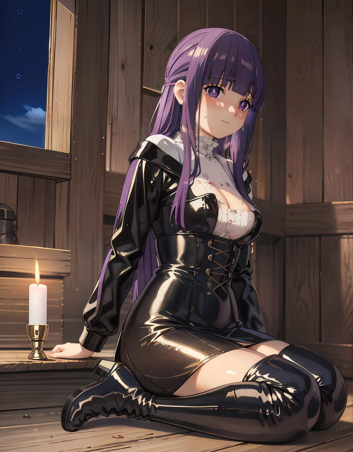 (highest quality, masterpiece),sexy, erotic, 1 girl, 18-year-old, despise, Pride, purple long hair, ((purple eyes)), looking at the viewer, medieval tabernacle, (close), ((dark room)), Sweat, the candle is lit, (((blush))), ((cleavage)), Mr.々Inside a torture chamber with various tools、
BDSM、black latex corset dress、The corset is decorated with beautiful embroidery.、corset dress with shoulder straps、black latex tight miniskirt、first round、Black Thigh Boots、high heel boots、