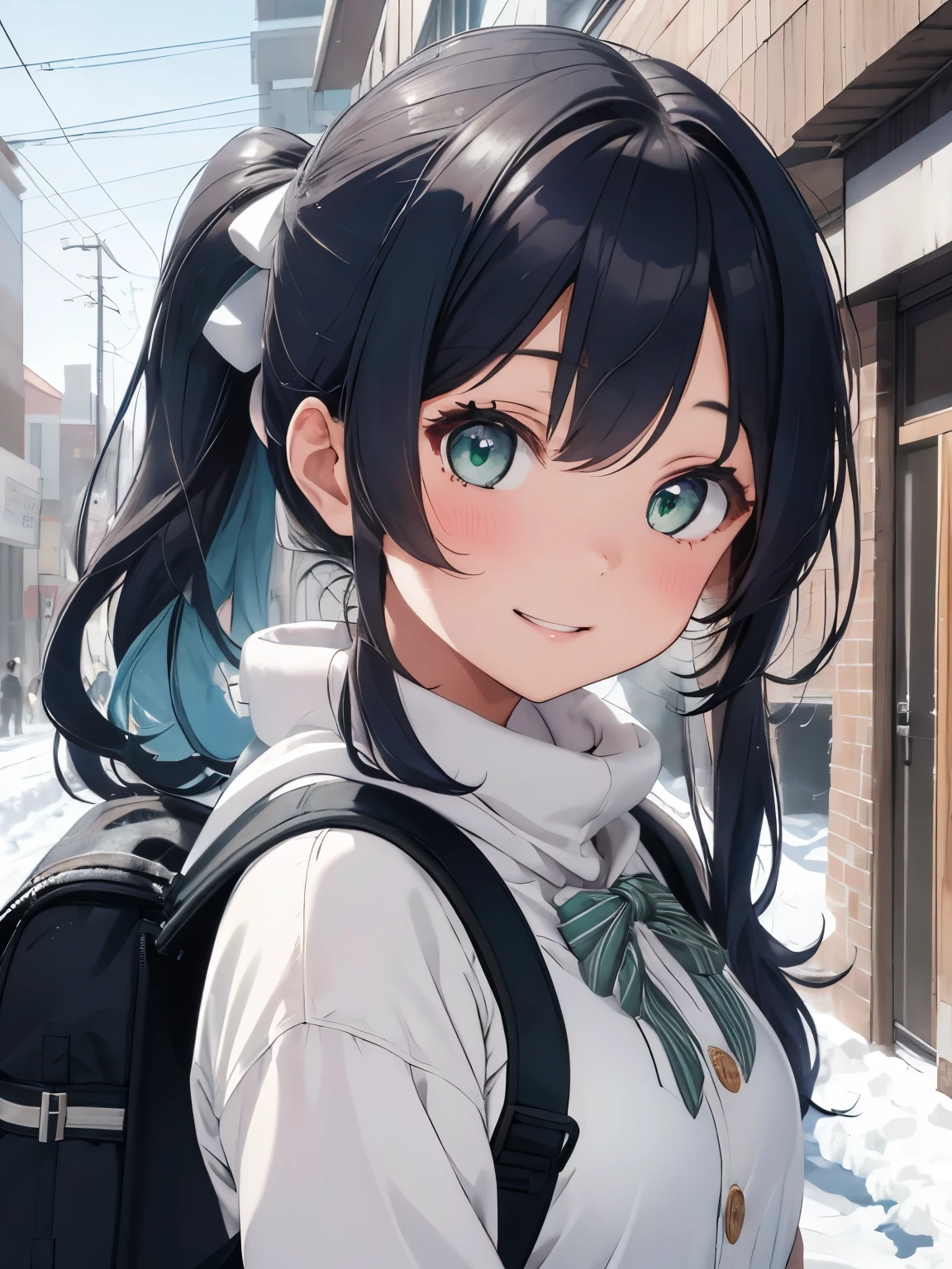 Soft and gentle pattern。anime illustration。((Her hair is light blue and has curls.)),(side ponytail),((Big striped ribbon hair clip at the knot)),(The hair in the ponytail is permed and fluffy.),BREAK ((Girl with green eyes)),her face is cute、Confident smile,(hands on both cheeks)BREAK ((thick white down coat)),(Under the coat is a student uniform and the hem of the skirt is visible.),BREAK ((Warm navy blue muffler)),(backpack type student bag),((Scenery covered with snow)),(close up of face)