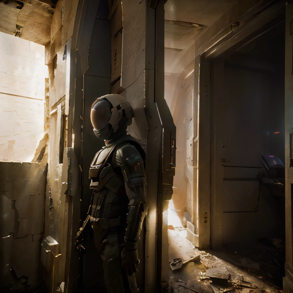 (masterpiece, highest quality, hyper realistic, cinematic) ancient alien astronaut in doorway found in an abandoned spaceship on a distant planet, impressive details shafts of light, dynamic lighting, bokeh, lens flare, (hires Textures, 8k), Prometheus, alien, dead space