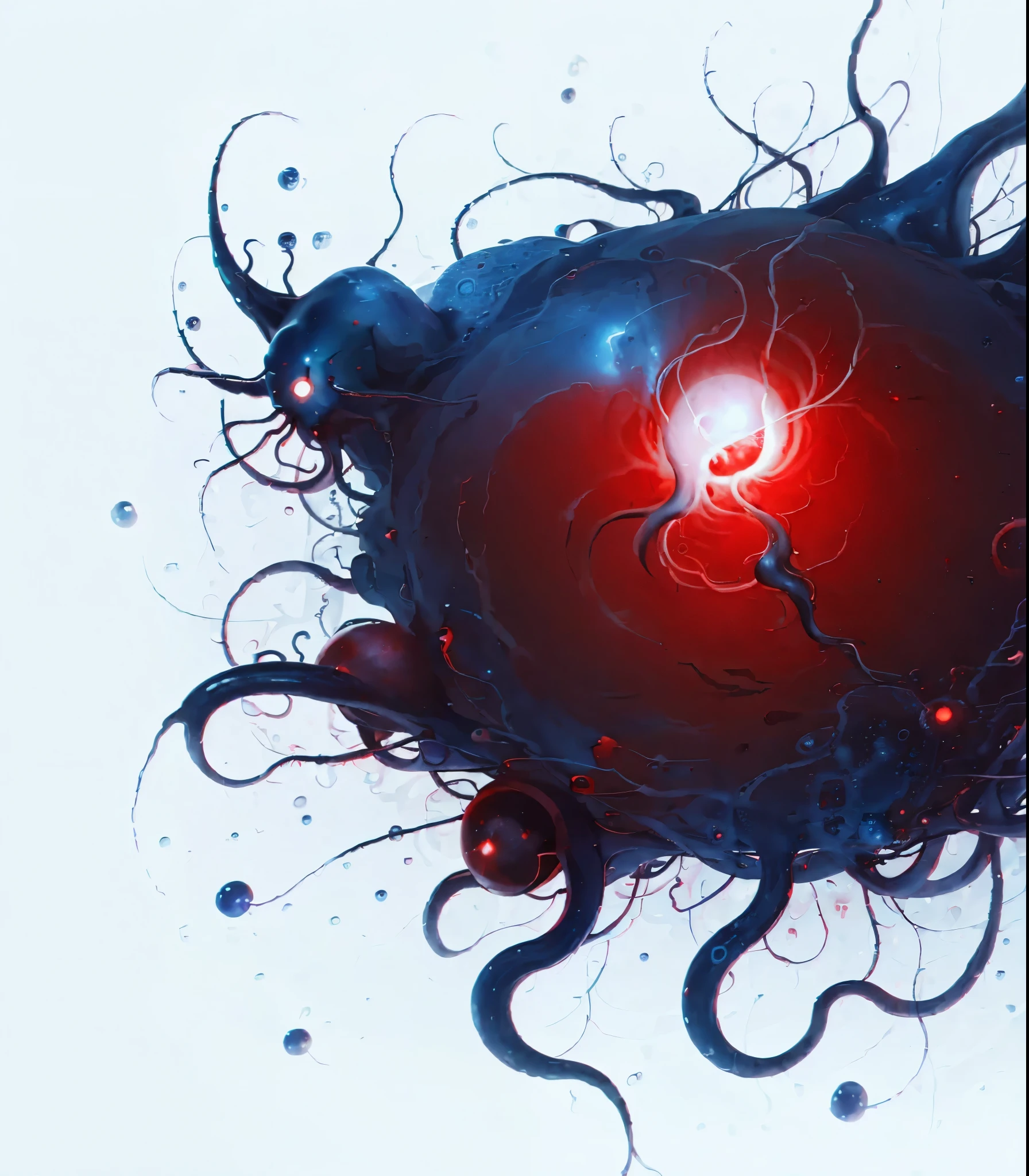 Dark blue background, red microorganism image,blood vessels,  Red Sphere, Strange red particles,  very intense, 3 d fluid simulation render,  Digital single-lens reflex camera, Countless tentacles,virus､fine hair-like tentacles,Tentacles that extend radially and randomly