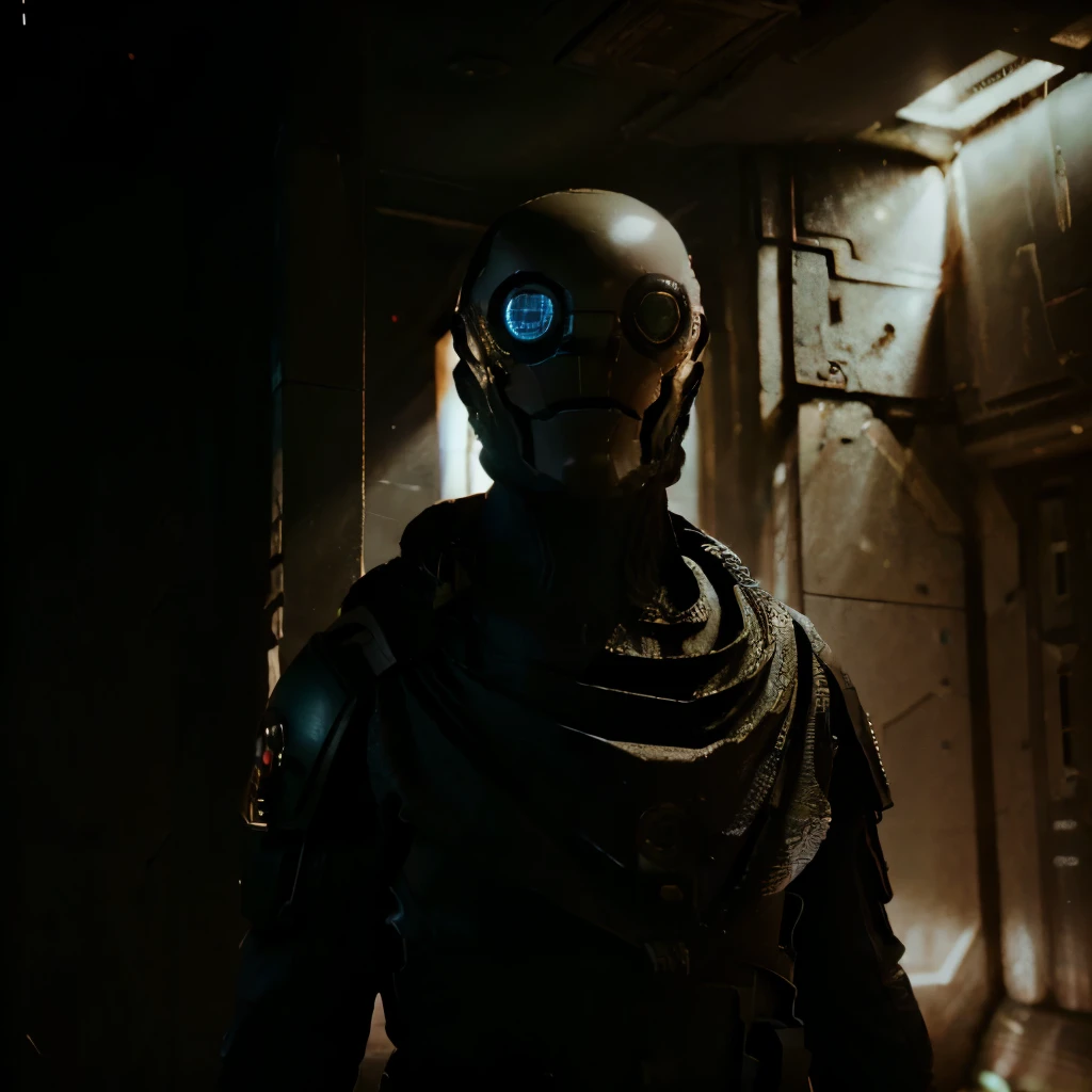 (masterpiece, highest quality, hyper realistic, cinematic) ancient alien astronaut in matrix found in an abandoned spaceship on a distant planet, impressive details shafts of light, dynamic lighting, bokeh, lens flare, (hires Textures, 8k), Prometheus, alien, dead space 