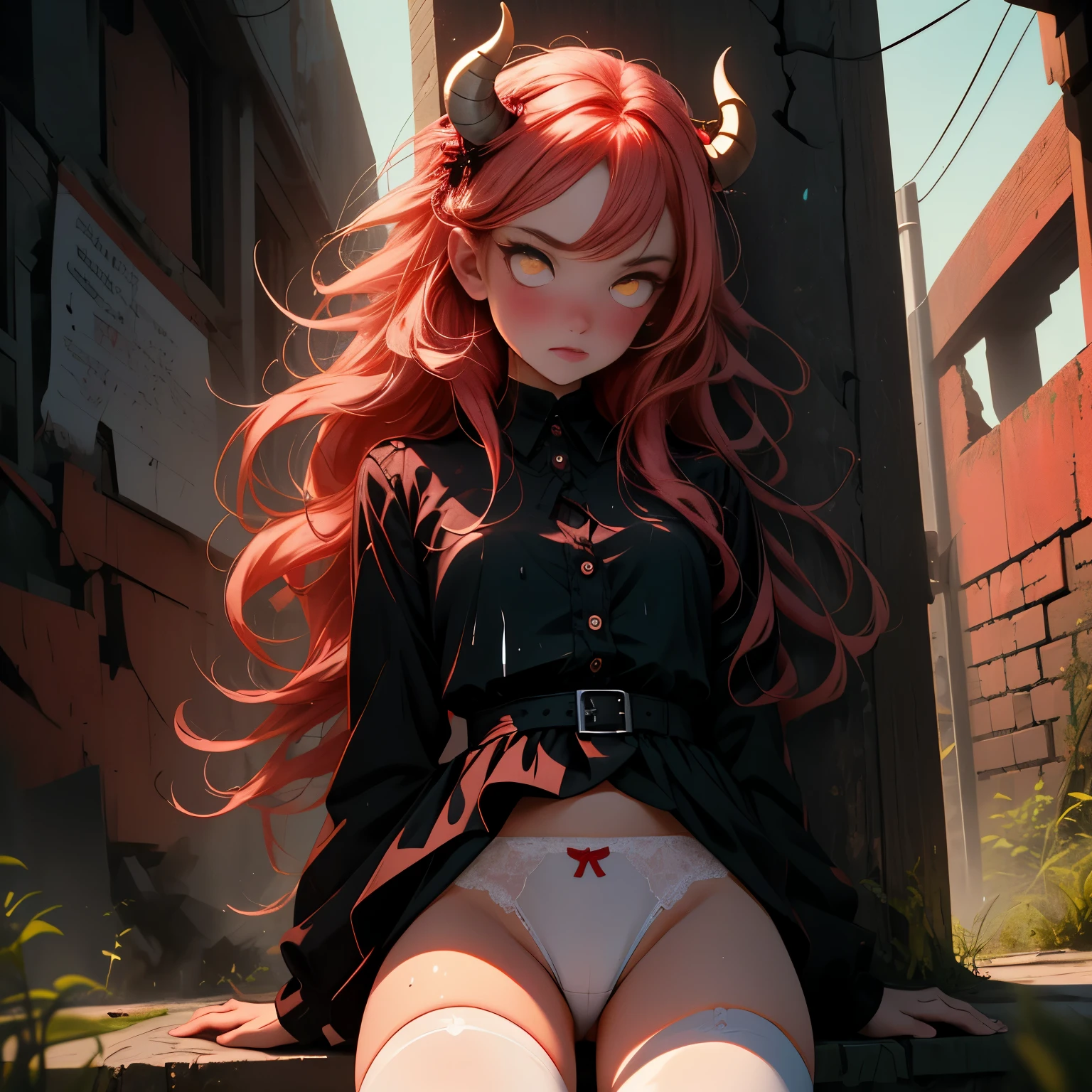 Masterpiece, animerealistic, Top quality, Ultra high definition, Maximum resolution, Very detailed, Professional lighting, kabedon pov, looking at viewer, smug, glowing eyes, One girl, she’s a female oni, pretty big eyes, yellow eyes, wearing mascara, wearing blush, devilish girl, she has light red hair, gothic demoness, Very cute,nffsw\,Best Quality,Sheer panties,Wet panties,White panties, white thighhigh stockings,skyporn,broody,Legs spread posture,Action art,Aim at the enemy,Embarrassed face,Shy face,with blush cheeks,sinister gang,butyric,minimalism,Impact art,Ruins,