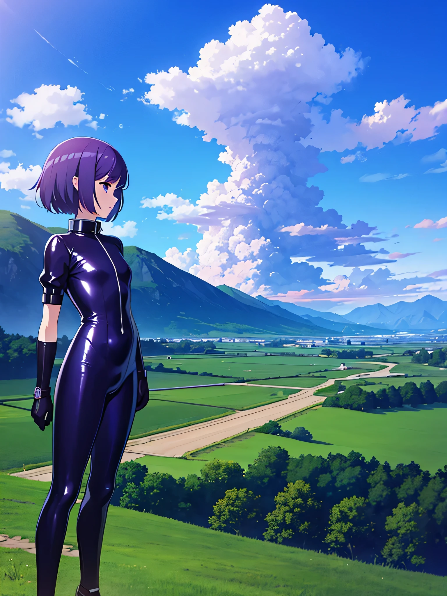 landscape, anime style, countryside, with mountains and clouds in the background, Boy, Femboy, Girly, tight clothes, Latex, Shiny clothes, slim, short hair, purple hair,