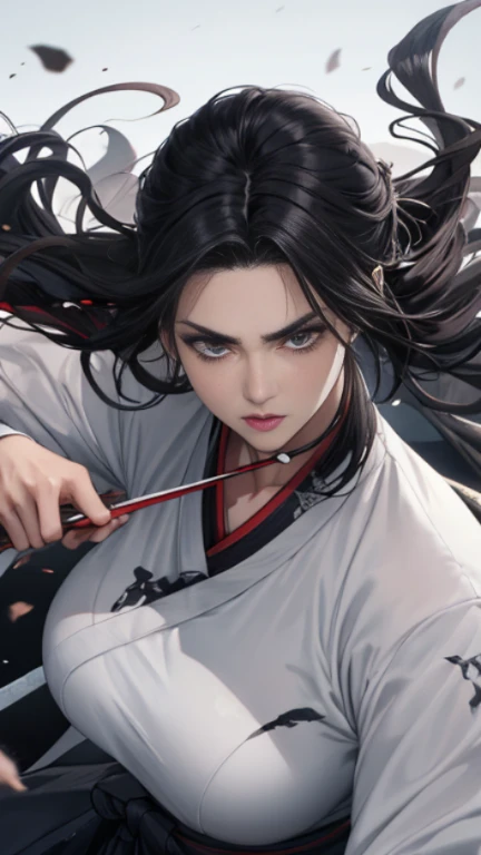 huge natural breasts, A bust of a woman with black hair and black eyes, a woman, a serious expression, holding a weapon, attack action, dynamic composition, bowed head, Hanfu, white clothes, cold eyes, loose hair, (ink smudge) beautiful character painting, clothing black and white ink style, face delicate color, watercolor, light color, martial arts style, national style, delicate and beautiful face, waist seal, sharp eyes