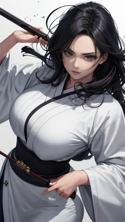 huge natural breasts, A bust of a woman with black hair and black eyes, a woman, a serious expression, holding a weapon, attack action, dynamic composition, bowed head, Hanfu, white clothes, cold eyes, loose hair, (ink smudge) beautiful character painting, clothing black and white ink style, face delicate color, watercolor, light color, martial arts style, national style, delicate and beautiful face, waist seal, sharp eyes