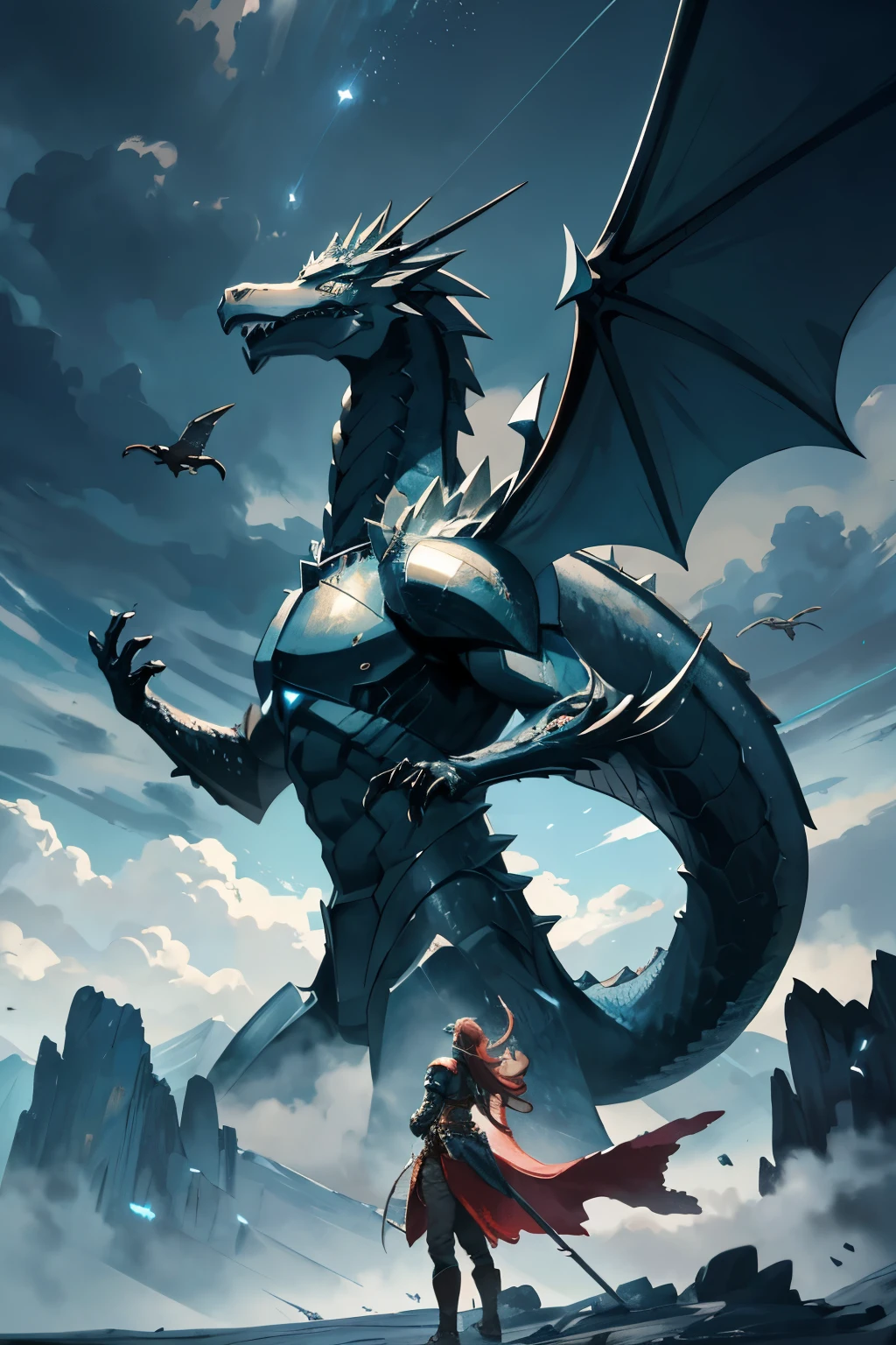 High quality masterpiece, war scene, lone warrior, crystal armor, great sword, gazing at the horizon, warzone, meteor shower from the sky, fantastical creatures, dragons flying, destructive scenery, ultra-realistic.
Masterpiece, epic battle, heroic warrior, gleaming crystal armor, sharp great sword, intensely focused on the horizon, chaotic warzone, meteors raining down, fierce creatures, majestic dragons soaring overhead, devastating scenery, exceptional detail and texture, meticulously painted, dramatic mood, vivid colors.
In the heart of the battlefield, a solitary warrior stands tall against the backdrop of a