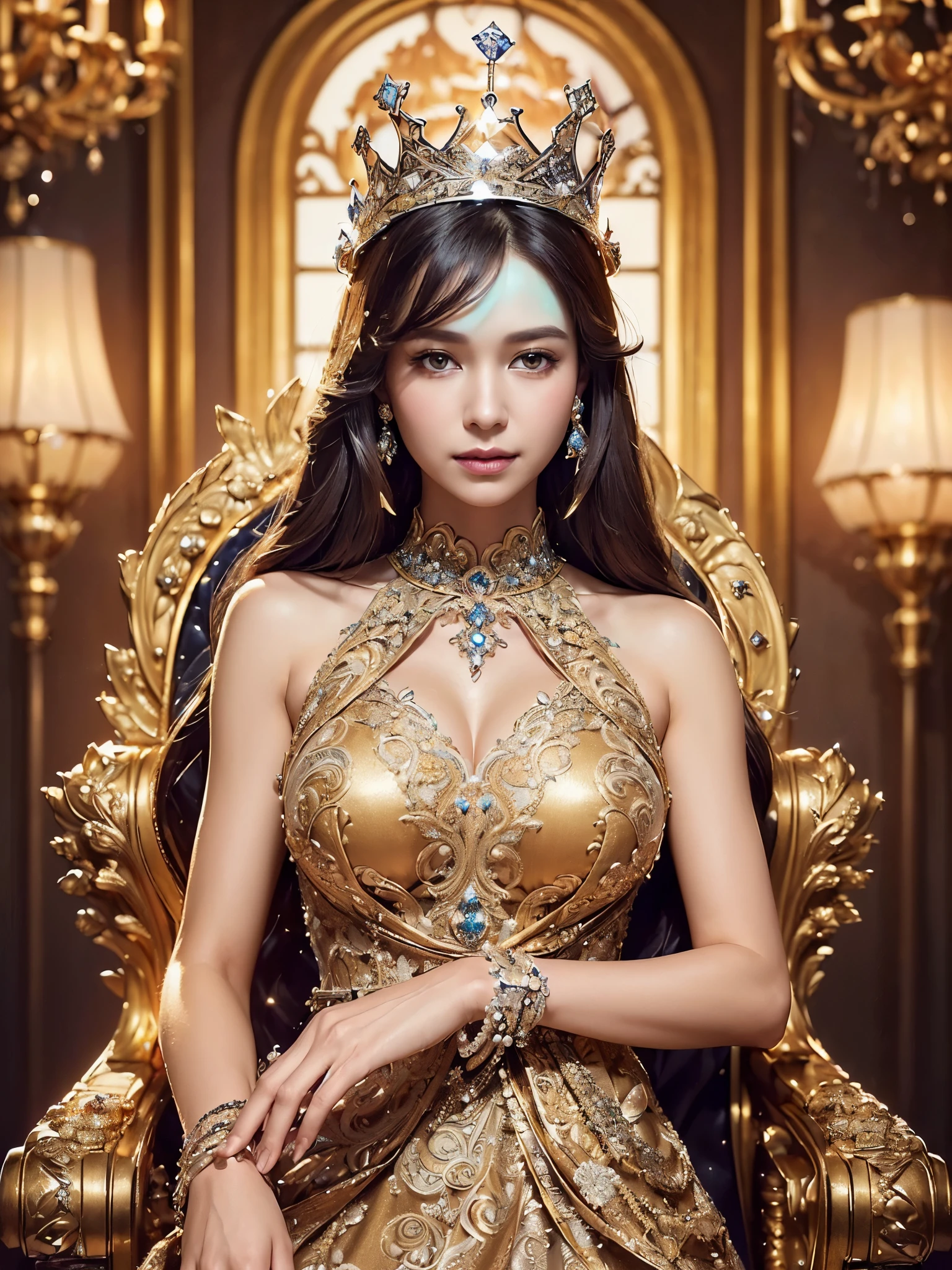 A woman wears gold、Very large breasts、Sitting cross-legged on a very luxurious throne、There is a golden knight guarding the woman next to the throne.