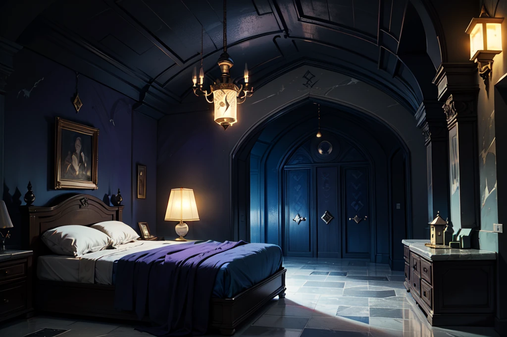 (dark fantasy:1.4), background, concept art, illustration, ((bedroom:1.3)), (((magic lamps:1.4), blue light)), (no windows), ((underground dweling)), ((marble:1.6), stones) (architecture and decoration), (purple and blue theme:1.3), (interior:1.2), (drow decoration, dark elf furniture), underdark, cinematic lighting, (dim light), (dungeons and dragons art), (DND:1.8), underground, (high quality, 4k, extremely detailed, dramatic light, sharp, HDR)