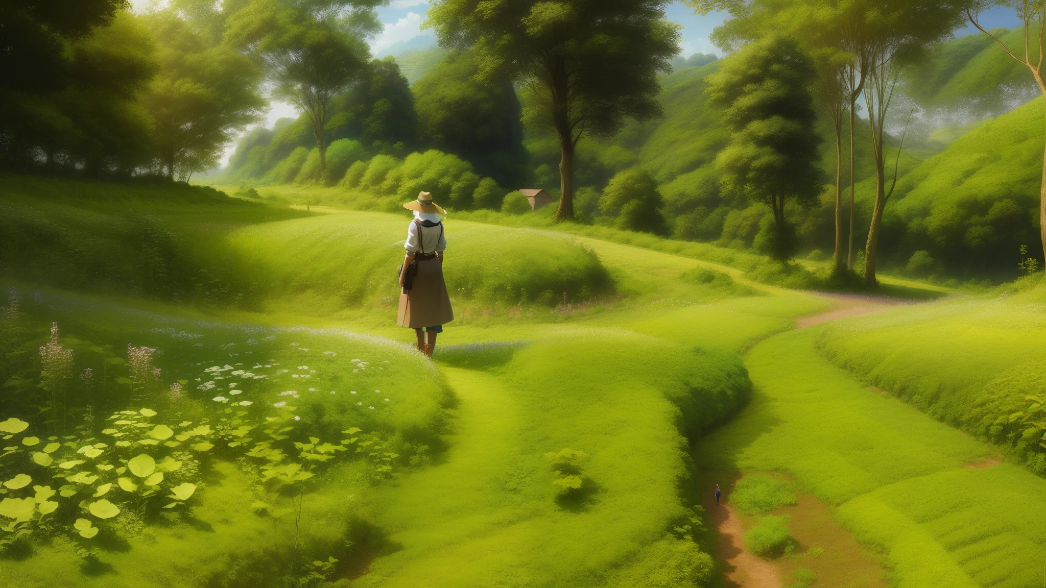 there is a woman standing in a field of plants, villagers busy farming, amidst of nature fully covered, dense with greenery, anime style art, High quality, 8k, ultra detailed art, 2d art