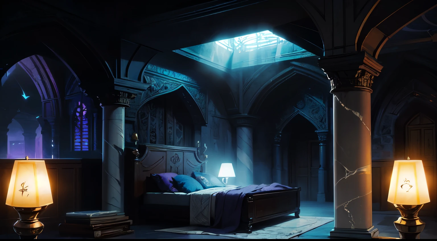 (dark fantasy:1.4), background, concept art, illustration, ((bedroom:1.3)), (((magic lamps:1.4), blue light)), (no windows), ((underground dweling)), ((marble:1.6), stones) (architecture and decoration), (purple and blue theme:1.3), (interior:1.2), (drow decoration, dark elf furniture), underdark, cinematic lighting, (dim light), (dungeons and dragons art), (DND:1.8), underground, (high quality, 4k, extremely detailed, dramatic light, sharp, HDR)