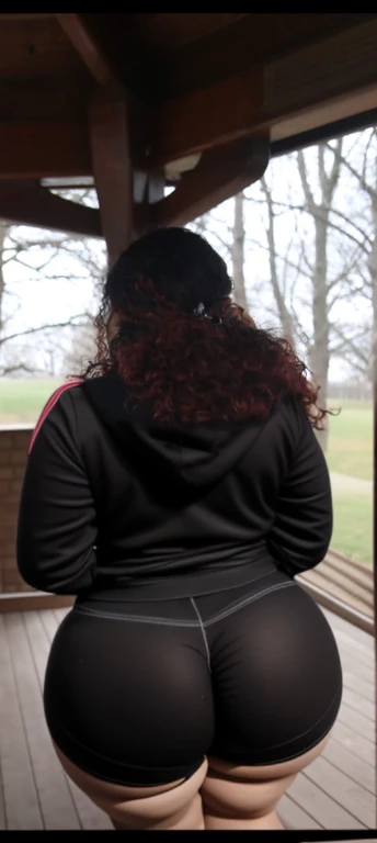 there are two people standing under a shelter talking to each other, photo still of behind view, shot from the back, view from the back, seen from the back, back of the hair, from the back, wearing a black hoodie, with curly red hair, facing away from camera, long dark curly hair, over the shoulder view, in a black hoodie, beautiful girl, big ass, huge ass, bbw, from behind, thick, thick thighs, wide hips, bbw, big tits, sideboob, giant ass, back view, big butt, round butt, tight underwear, underwear halfway off, underwear taking off, grabbing ass, ass spilling over underwear, too thick for clothes, looking left, leftwards, latina, from behind, tall girl