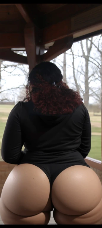 there are two people standing under a shelter talking to each other, photo still of behind view, shot from the back, view from the back, seen from the back, back of the hair, from the back, wearing a black hoodie, with curly red hair, facing away from camera, long dark curly hair, over the shoulder view, in a black hoodie, beautiful girl, big ass, huge ass, bbw, from behind, thick, thick thighs, wide hips, bbw, big tits, sideboob, giant ass, back view, big butt, round butt, tight underwear, underwear halfway off, underwear taking off, grabbing ass, ass spilling over underwear, too thick for clothes, looking left, leftwards, latina, from behind, tall girl