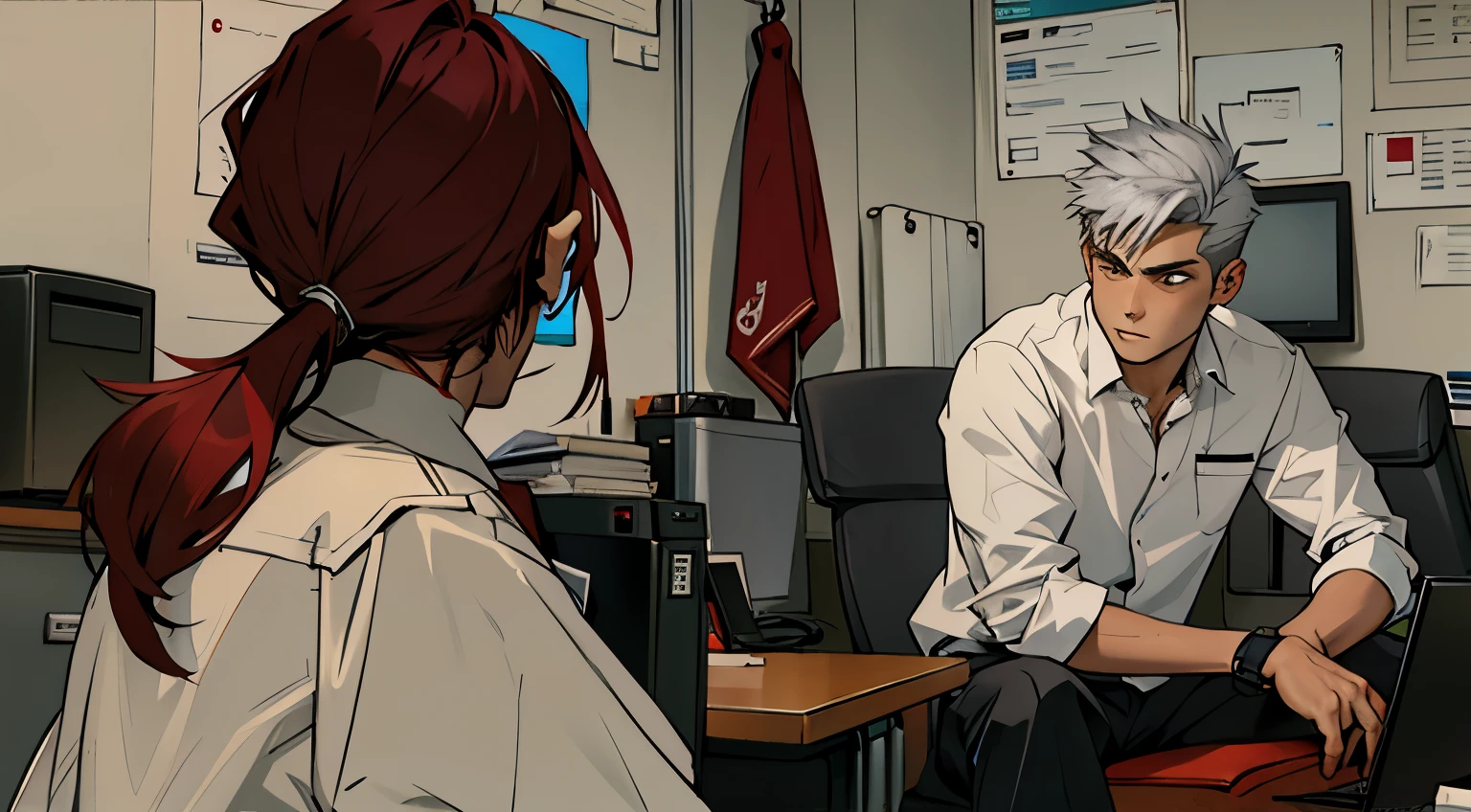  boy with silver hair sitting in the office talking to the school principal she has red hair 