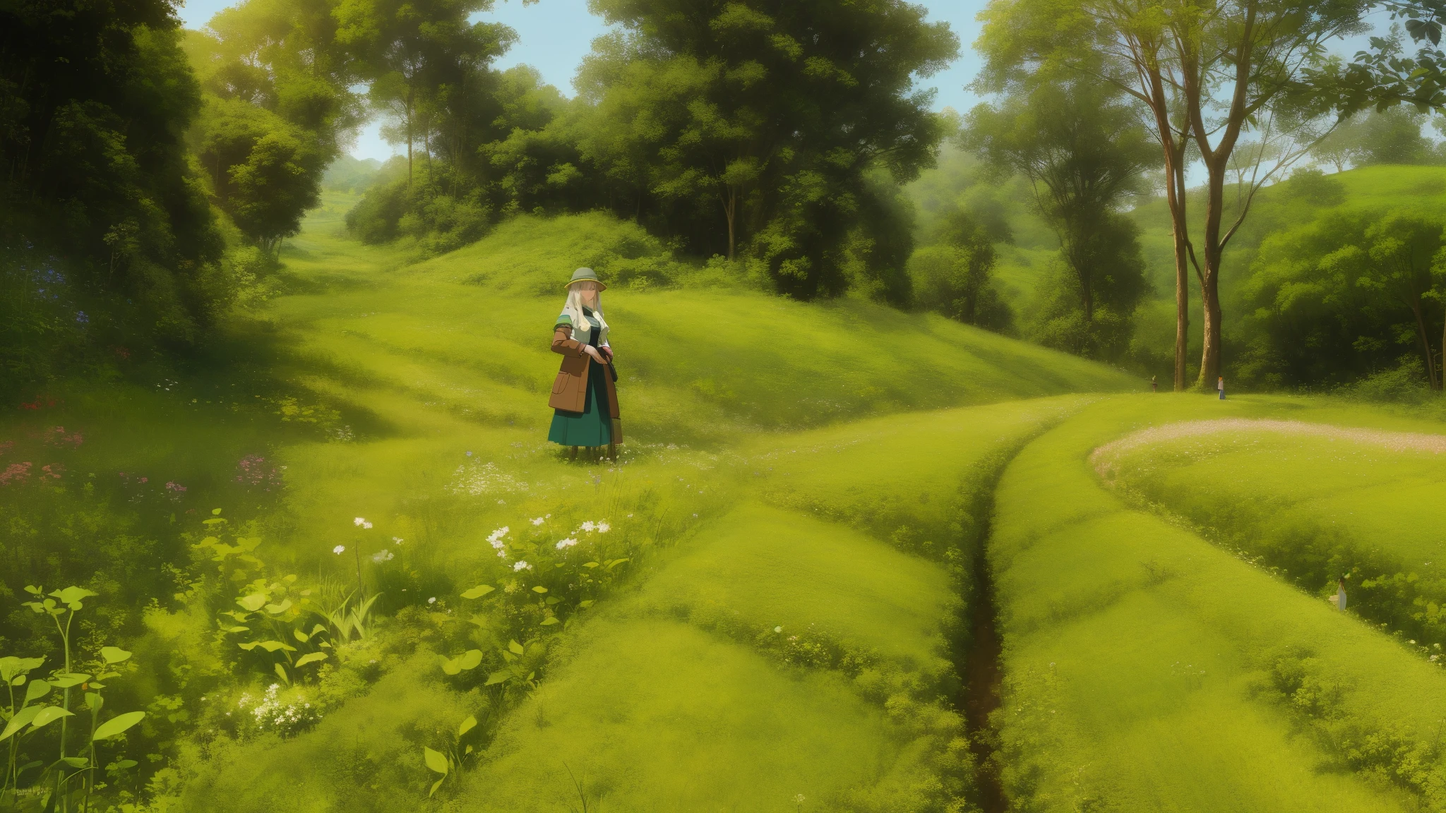 there is a woman standing in a field of plants, villagers busy farming, amidst of nature fully covered, dense with greenery, anime style art, High quality, 8k, ultra detailed art, 2d art