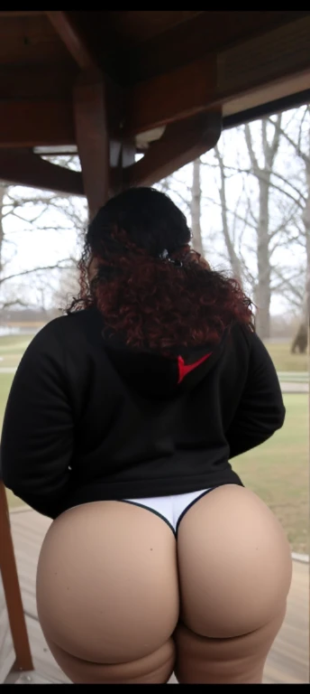 there are two people standing under a shelter talking to each other, photo still of behind view, shot from the back, view from the back, seen from the back, back of the hair, from the back, wearing a black hoodie, with curly red hair, facing away from camera, long dark curly hair, over the shoulder view, in a black hoodie, beautiful girl, big ass, huge ass, bbw, from behind, thick, thick thighs, wide hips, bbw, big tits, sideboob, giant ass, back view, big butt, round butt, tight underwear, underwear halfway off, underwear taking off, grabbing ass, ass spilling over underwear, too thick for clothes, looking left, leftwards, latina, from behind, tall girl
