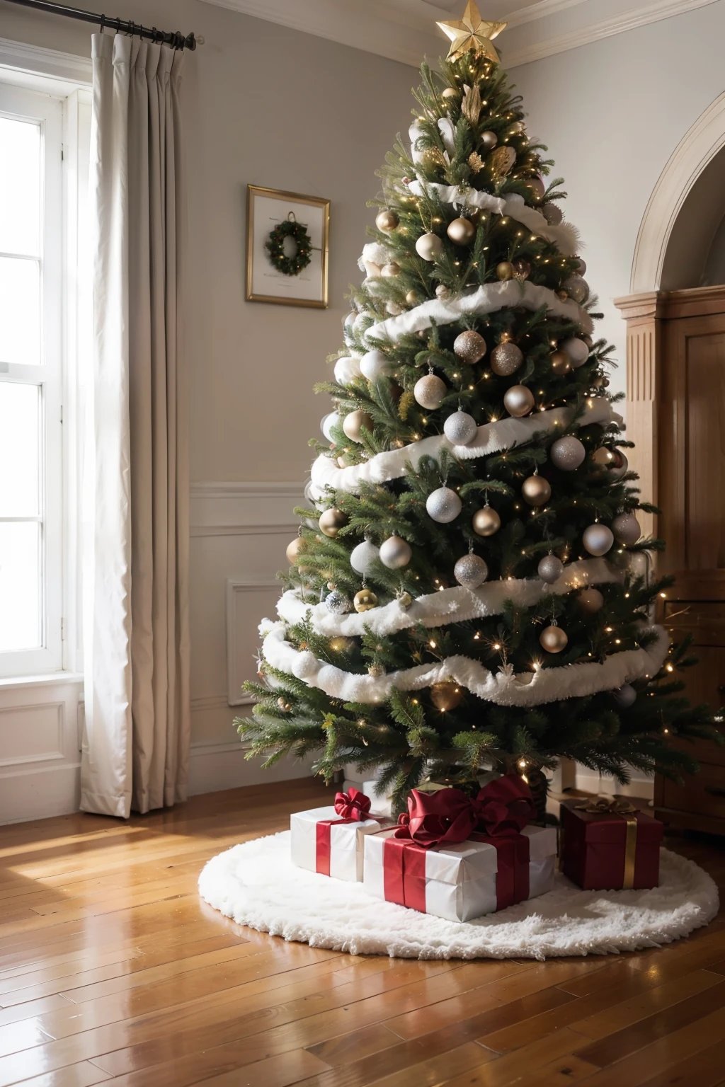 huge fluffy Christmas tree, full-length photo in full in the photo, there are silver balls and shiny tinsel on the tree, photorealism, soft light, Lower angle, Without people, White Photo Studio, detailing