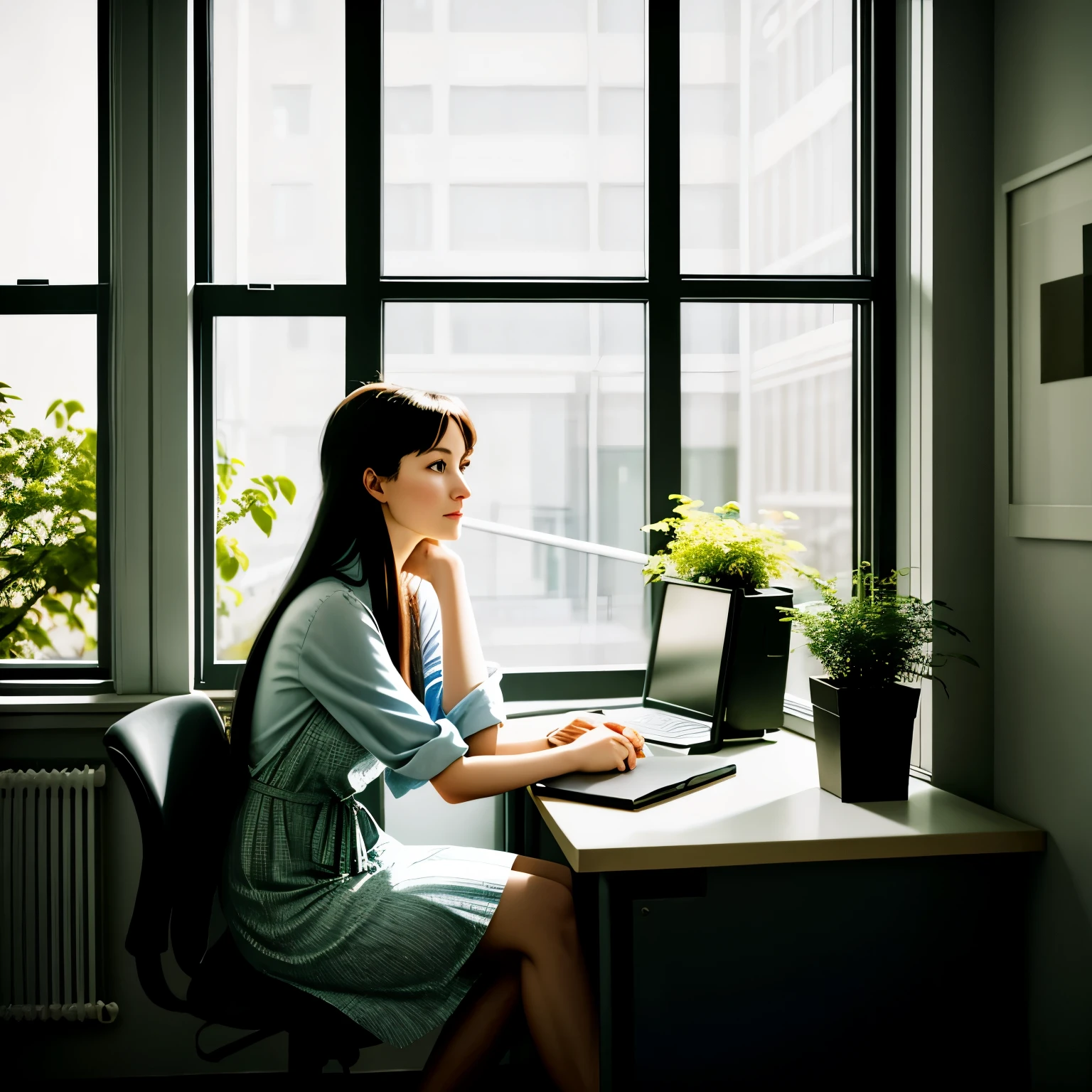 a woman in her mid 20s sitting near a window at work, absent-mindedly twisting and (playing with her long hair:1.2). slightly dark Mid century office, she is highlighted sidelit by evening sunlight. plants in the background . Modern office casual dress style, similar colour and shade as the plants. Subject is looking relaxed and thoughtful, looking out of the window. candid serene portrait by Edward hopper, Saul bass