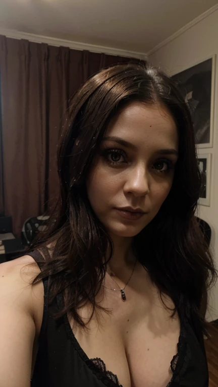 a gothic realistic girl of 34 years old make selfie in room