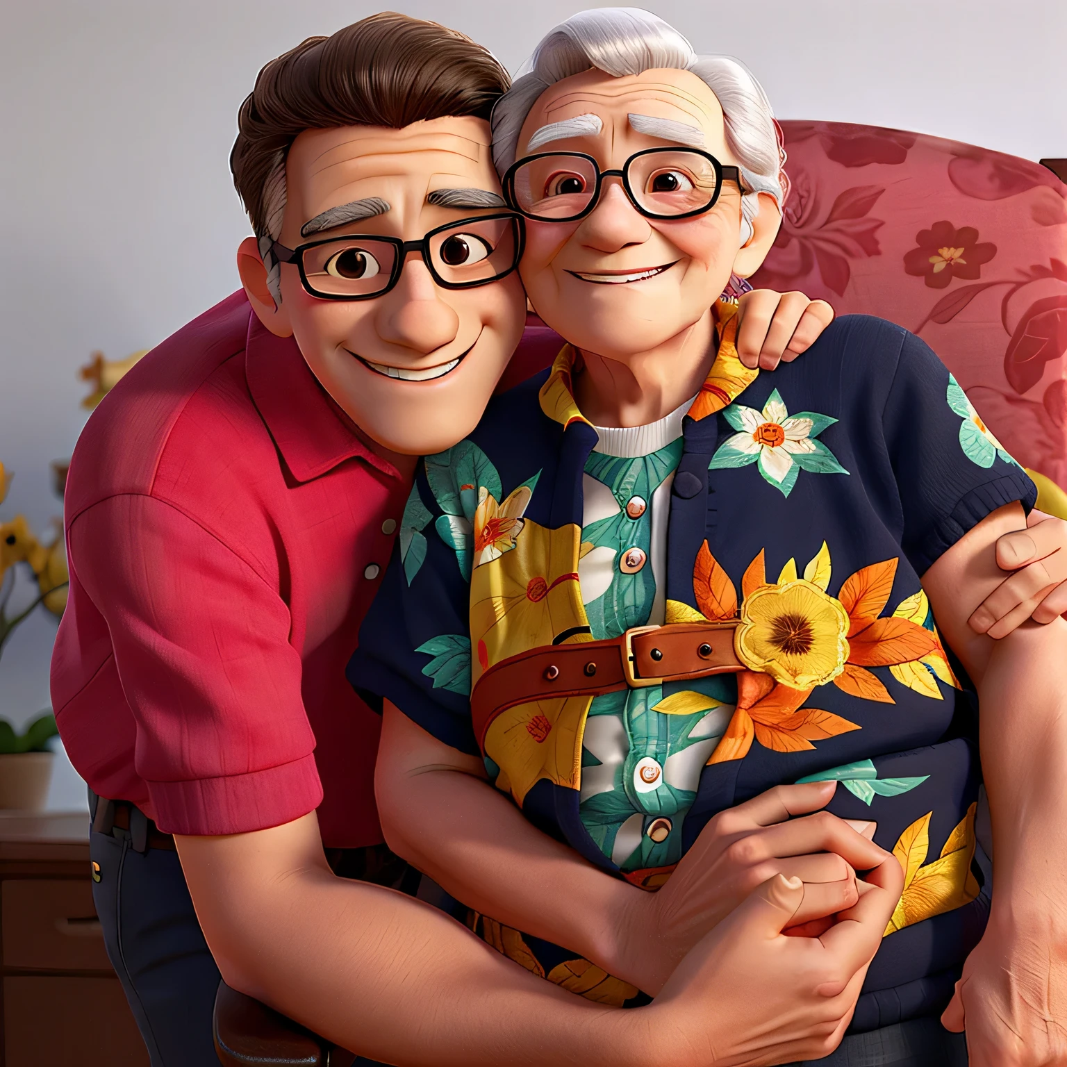 smiling young man hugging an elderly woman with glasses smiling