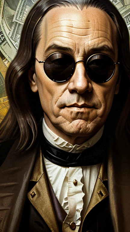 Digital painting, Benjamin Franklin with black sunglasses, dollar bill background with perfect texture, intricate details, 8k, masterpiece, dynamic colerfull light, soft darks, rich emotive colors, hight quality, perfect composition, realistic, art noveau, inspired by Alfons Maria Mucha
