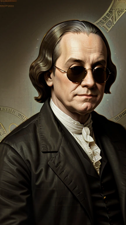 Digital painting, Benjamin Franklin with black sunglasses, dollar bill background with perfect texture, intricate details, 8k, masterpiece, dynamic colerfull light, soft darks, rich emotive colors, hight quality, perfect composition, realistic, art noveau, inspired by Alfons Maria Mucha