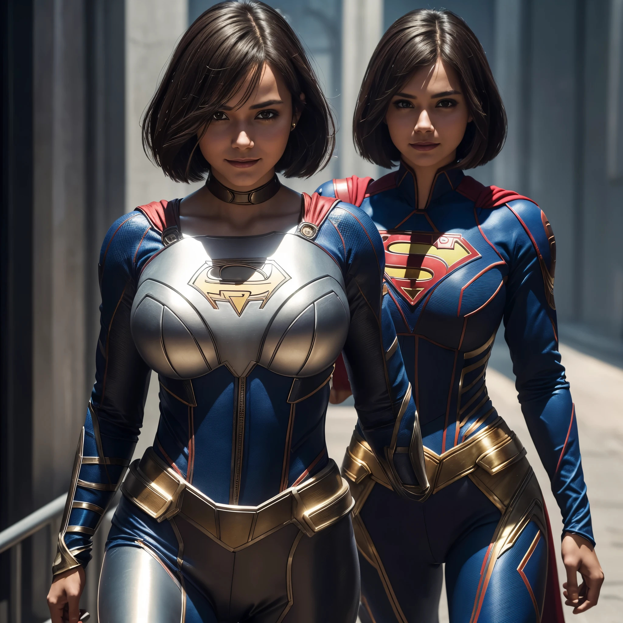 Isabel Merced as supergirl, metallic suit, no cape, choker, bob_cut hair, slim photo model, (big breasts:1.3), smiling, Real Life, full bodyshot, Ultra Realistic, Photorealism, Photography, 8K UHD, Photo, HDR, Complex and Elegant, Highly Detailed, Sharp Focus, Stunning, Beautiful, Gorgeous), (Masterpiece: 1.2, Best Quality 1:1, Ultra Detail: 1.2, Best Shadows, 8k: 1.1), (beautiful detailed face), high contrast, (perfect lighting: 1.2), (cinematic light)), colorful, hyper-detail, dramatic light, intricate detail, photograph by arny freytag