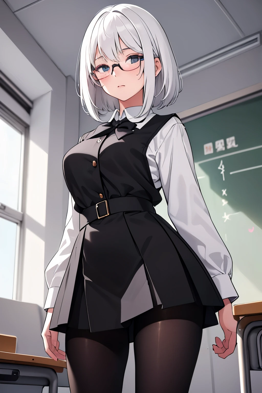 (Girl , ),(White hair),(in school uniform),(spectacled),(in black tights),(stands in the classroom), Delicate and beautiful details, (Eye details), (very detailed illustration)