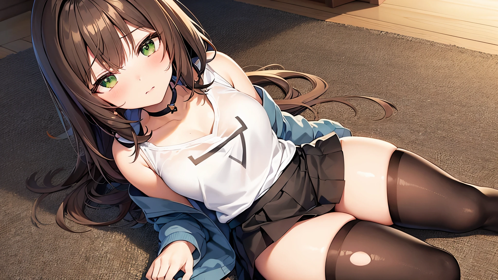 Cute anime girl in stockings, choker, hoody, torn clothes, transparent clothes, skirt, laying on floor, brown hair, green eyes, blush, looking at viewer, close to camera, masterpiece.
