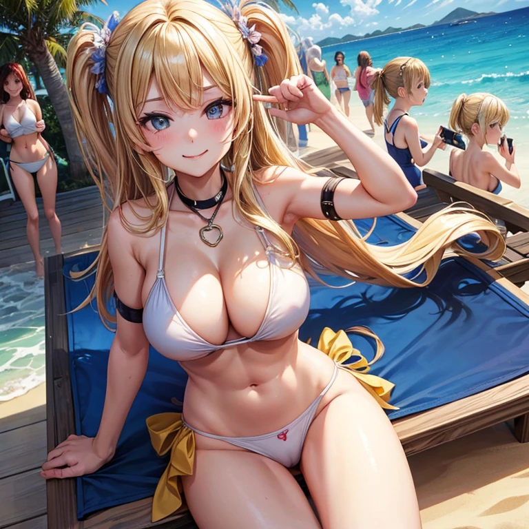 highest quality, masterpiece, blonde、gal、female brat、big breasts、tits、swimsuit、exposed、Slut、smug face、press your chest together、sandy beach、crowd