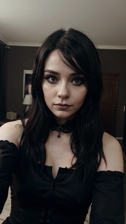 a gothic realistic girl of 34 years old make selfie in room with dark make up