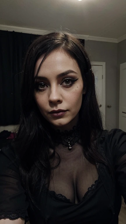 a gothic realistic girl of 34 years old make selfie in room with dark make up