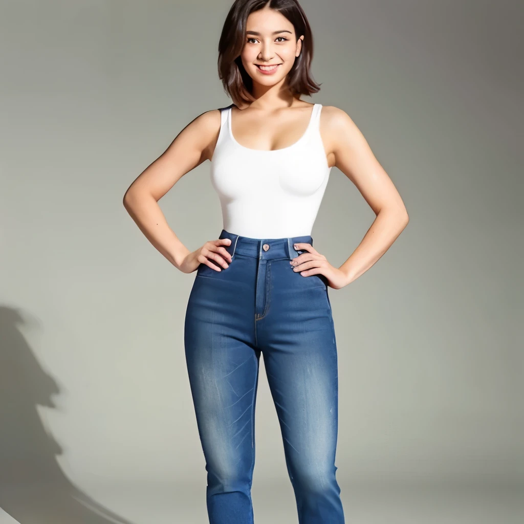 beauty、highest quality、((((standing with hands on hips))))Half-、big breasts、short hair、Full body image from head to feet、Show me