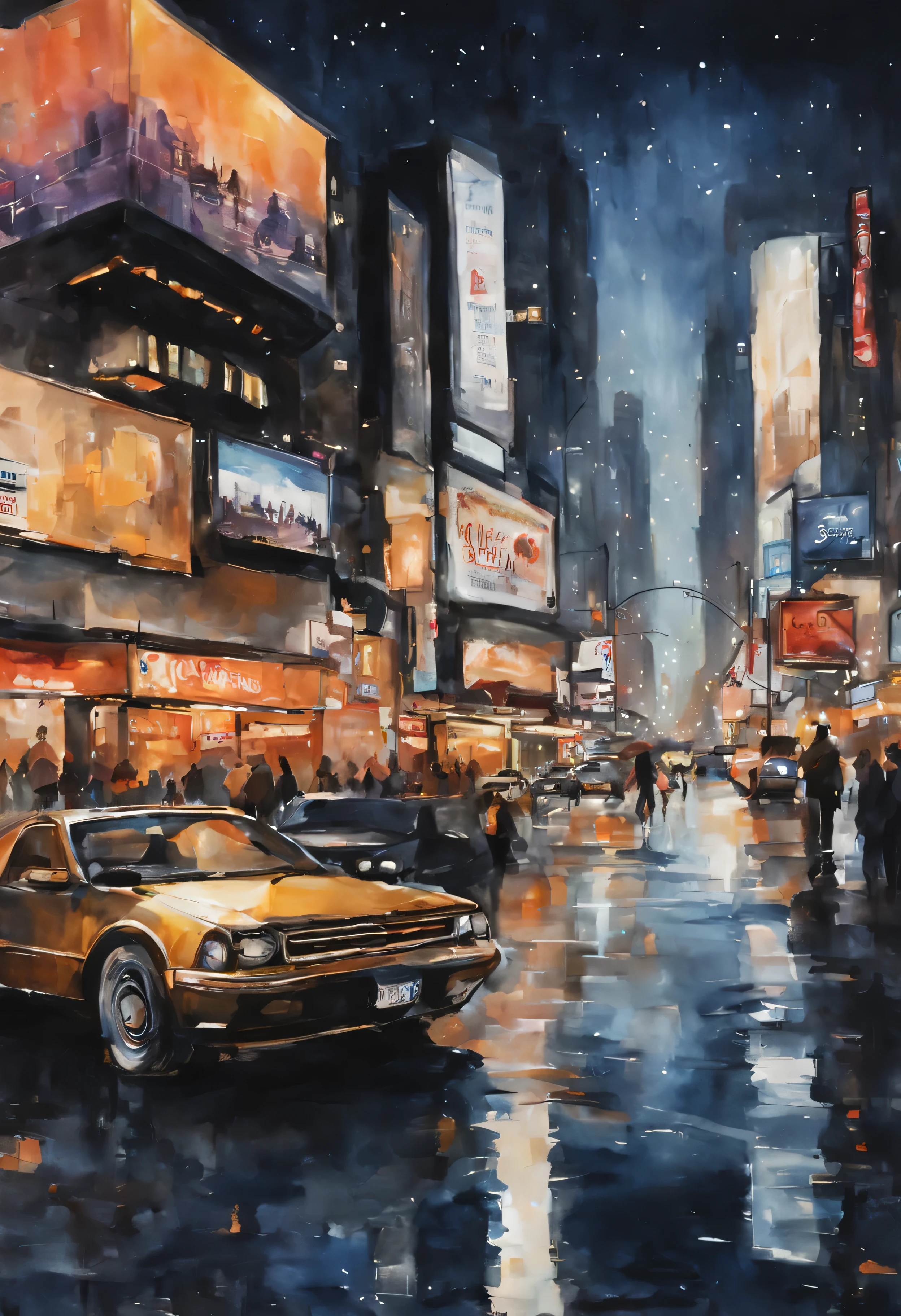 water color painting of city at nighttime with huge TV billboards with adds and branding all over them, nightlife, cute painting