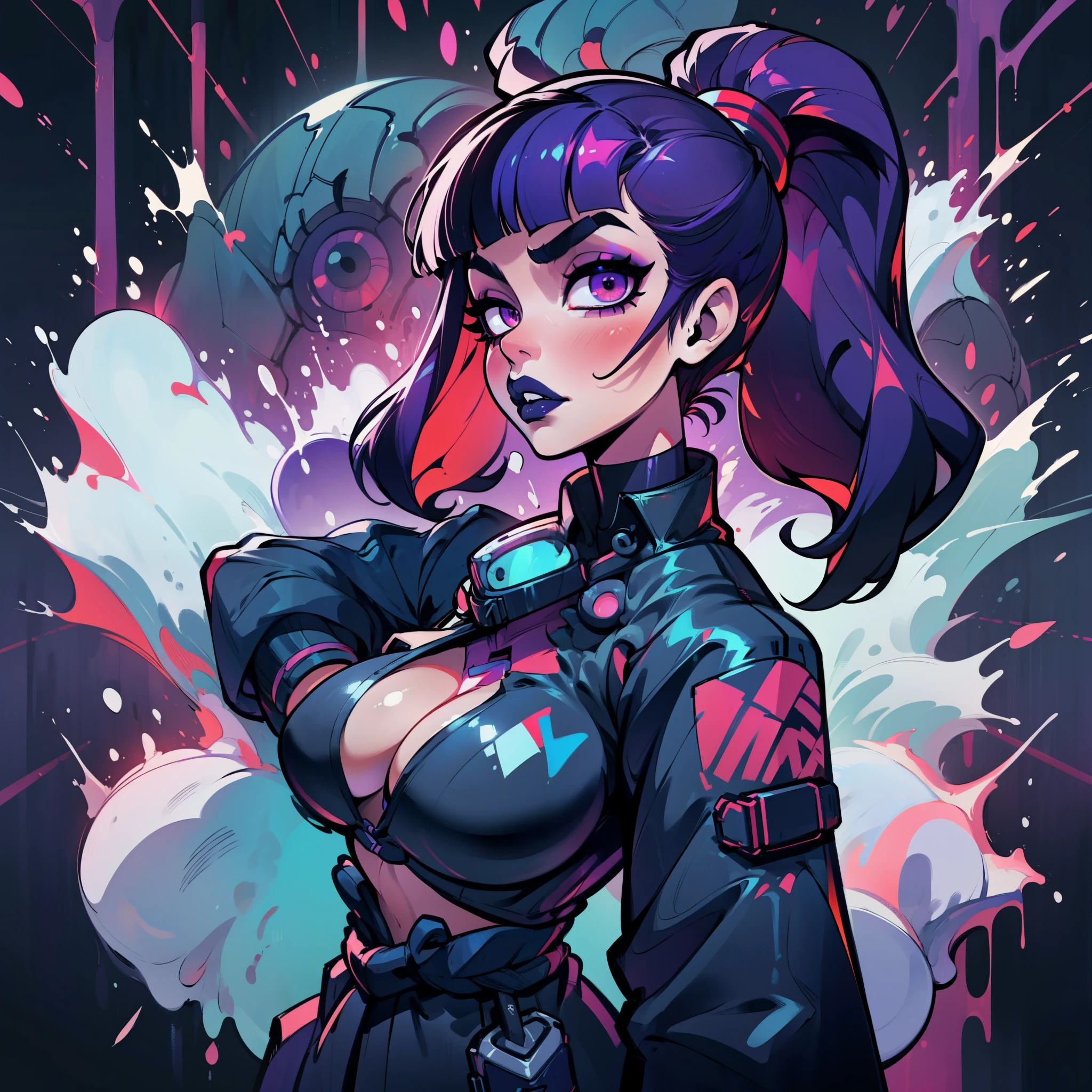 ((solo)). female character around 30 years old. mature body with huge breasts and cleavage. wearing black clothing, a ninja style outfit with a mesh shirt and veil mask. she has a sexy expression. red eyes. long purple hair with straight bangs and a pony tail. She wears eyeliner and black lipstick on her lips. she looks a model on a clothing ad. a combined neon and greyscale color style. the background has abstract spray paint. body faced towards viewer
