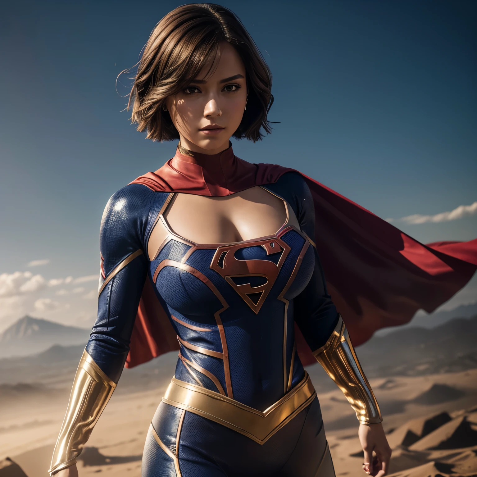 Isabel Merced as supergirl, metallic suit, no cape, choker, bob_cut hair, slim photo model, (big breasts:1.3), Real Life, full bodyshot, Ultra Realistic, Photorealism, Photography, 8K UHD, Photo, HDR, Complex and Elegant, Highly Detailed, Sharp Focus, Stunning, Beautiful, Gorgeous), (Masterpiece: 1.2, Best Quality 1:1, Ultra Detail: 1.2, Best Shadows, 8k: 1.1), (beautiful detailed face), high contrast, (perfect lighting: 1.2), (cinematic light)), colorful, hyper-detail, dramatic light, intricate detail