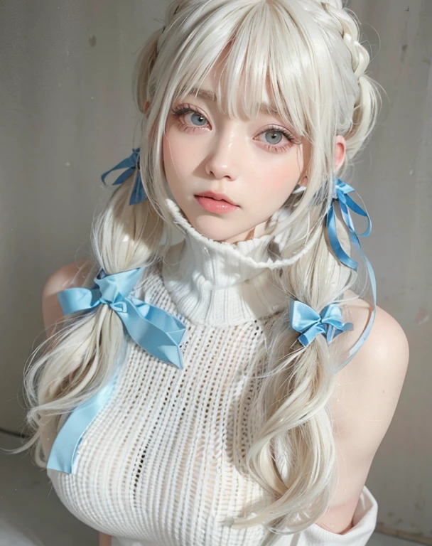 Close-up of a woman with long blonde hair wearing a white jacket, White hem haircut, pigtails hairstyle, Twintels hairstyle, anime girl cosplay, Long white hair and bangs, White ponytail hair, Blonde hair with pigtails, Realistic young anime girl, Anime girl in real life, Kawaii hairstyle, With long white hair, Pale milky white porcelain skin