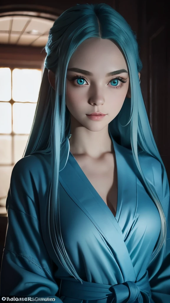 full body shot. a ultra real full body shot photo of 22 years old woman, little smile, green eyes. Long blue hair, open bathrobe, At the background a ultra close up macro details, ultra contrast, of ultra dark decor. Intricate details of her beautiful eyes and perfect face. The most beautiful girl.