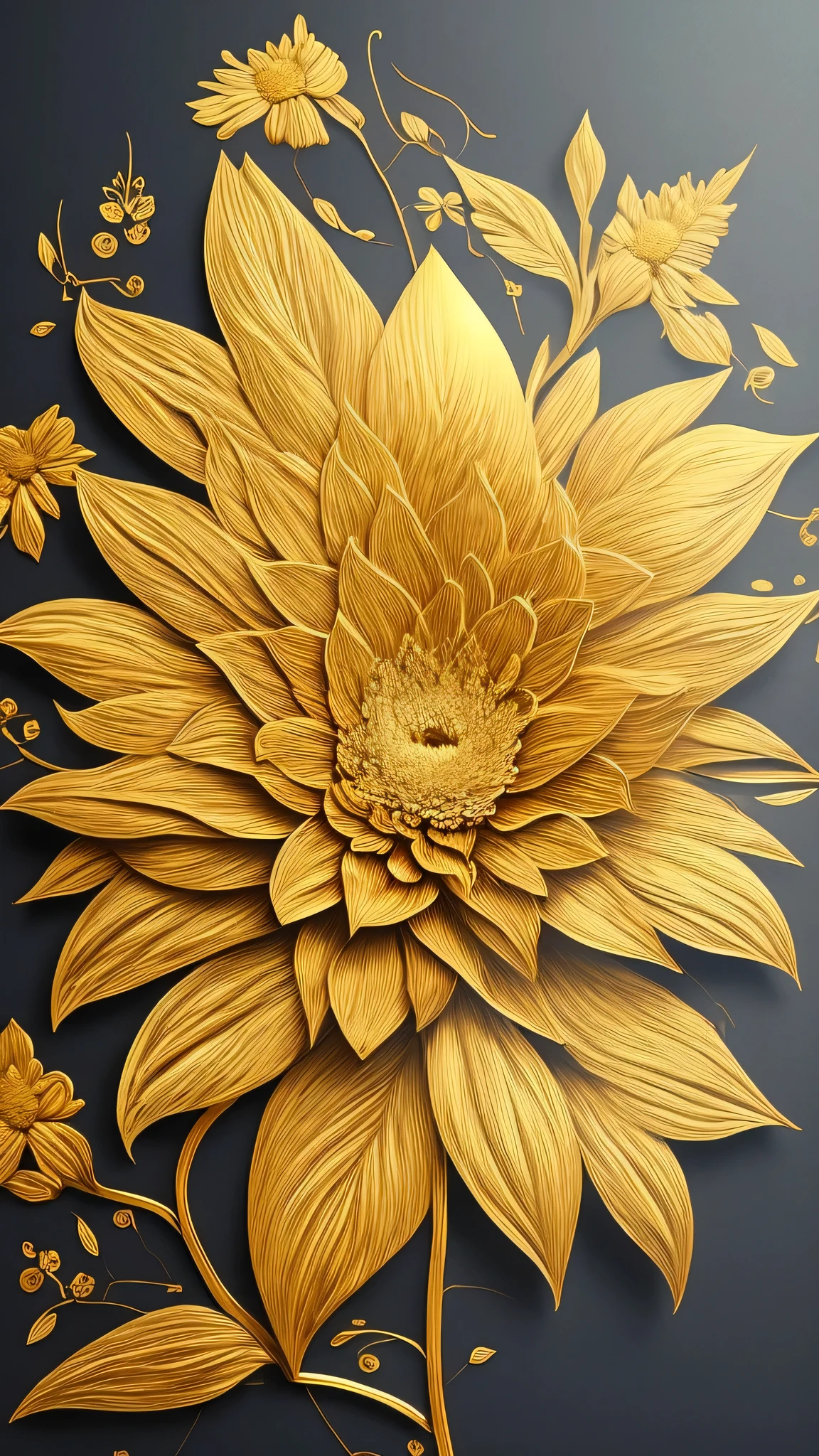 une peinture d&#39;une fleur avec un centre golden et quelques feuilles, touches de feuille d&#39;ou, fleurs d&#39;ou, Fleurs chaotiques de Feuille d&#39;or, Touch of gold leaf, fleurs en flocons d&#39;or, golden. Floual, Feuille d&#39;or, fleurs et ou, wallpaper aesthetics, marbre et touche d&#39;ou, Art du papier peint, Creator of&#39;art, détails goldens, Art artistique tendance, fond botanique