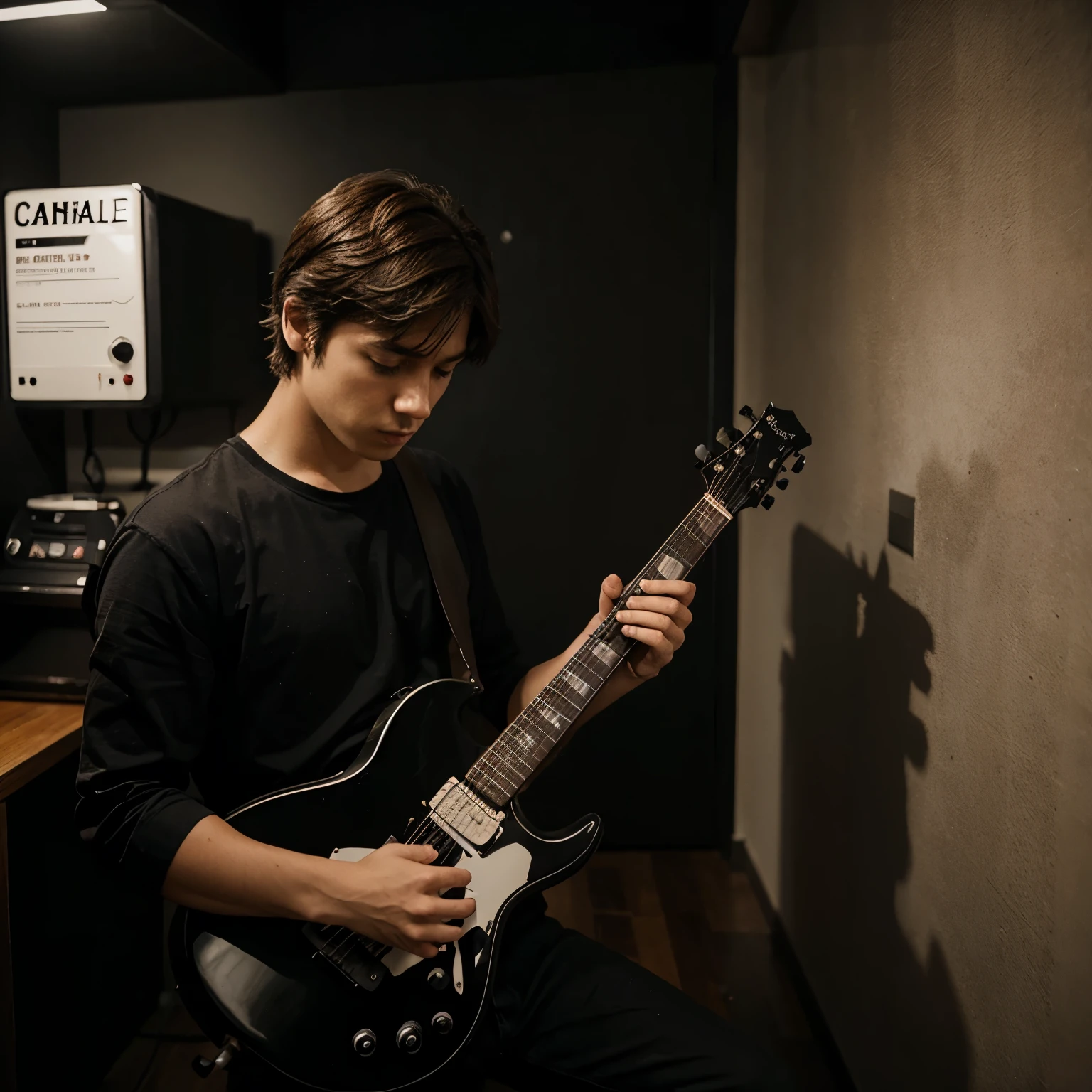 Alone boy with black guitar with coffe