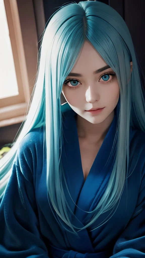 full body shot. a ultra real full body shot photo of 22 years old woman, little smile, green eyes. Long blue hair, open bathrobe, At the background a ultra close up macro details, ultra contrast, of ultra dark decor. Intricate details of her beautiful eyes and perfect face. The most beautiful girl.