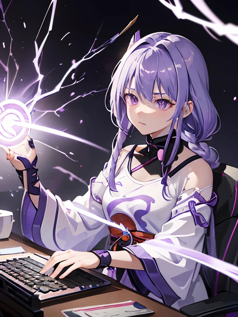 (Raiden Shogun-genshin) female with purple hair, purple eyes, fierce eyes, (single braid), (white t-shirt), (pink shorts), (headphones), sitting, gaming chair, computer, Medium milk,(close-up),(focus face),(electricity),(purple lightning