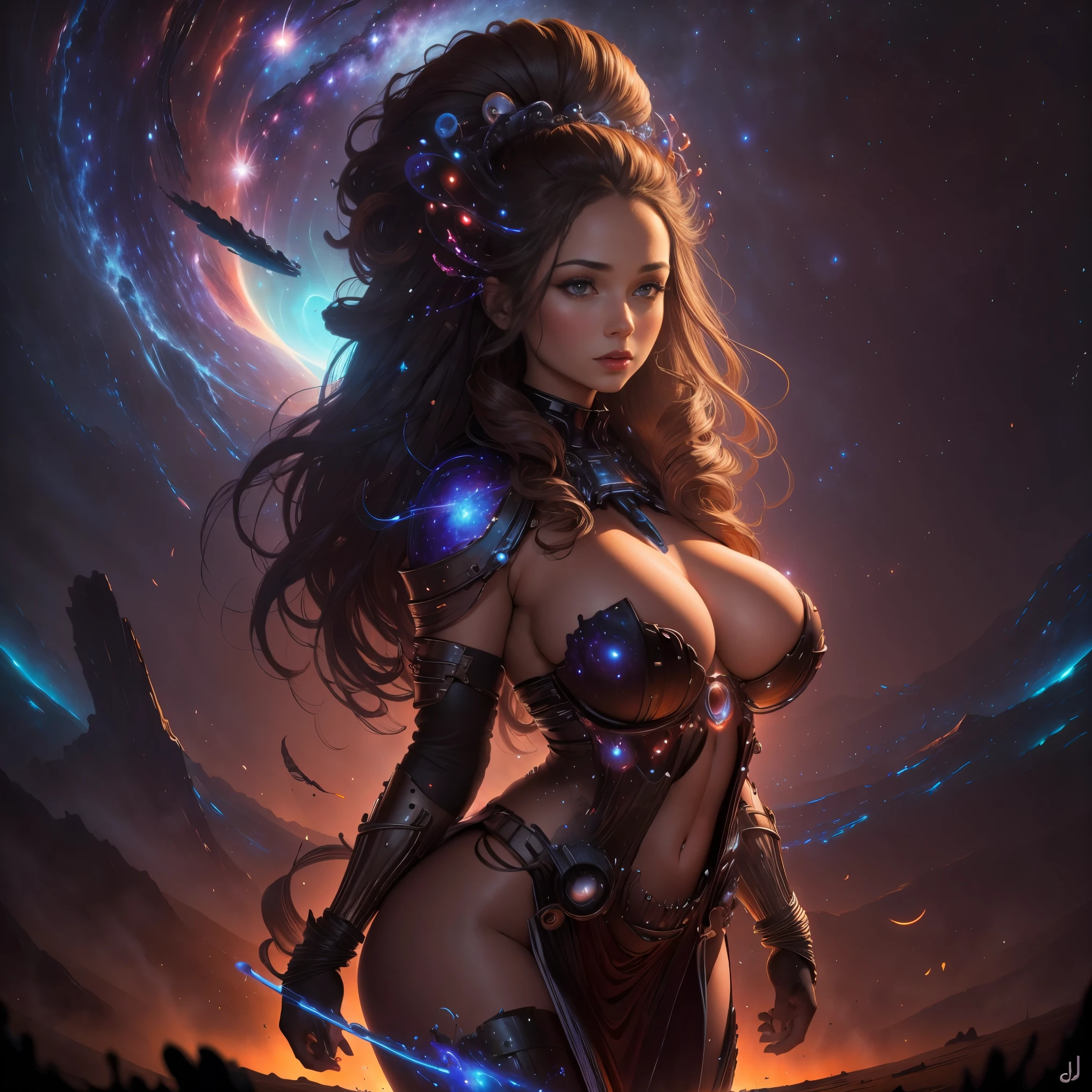 beautiful sensual nude and erotic woman with massive breasts. The breasts are not covered by anything. Red full lips. full body view. portrait of 1girl solo, Voluminous Curly Updo with Hair Vine, Bra, headshot, face focus, Crouching in a field of wildflowers, hands outstretched, looking like a part of nature. Cosmic Galaxy with Nebulae and Planets, masterpiece, immaculate, highly detailed, detailed,