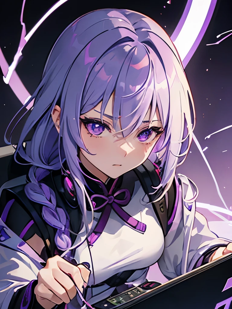 (Raiden Shogun-genshin) female with purple hair, purple eyes, fierce eyes, (single braid), (white t-shirt), (pink shorts), (headphones), sitting, gaming chair, computer, Medium milk,(close-up),(focus face),(electricity),(purple lightning
