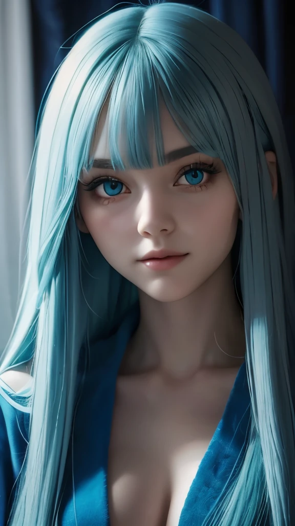 full body shot. a ultra real full body shot photo of 22 years old woman, little smile, green eyes. Long blue hair, open bathrobe, At the background a ultra close up macro details, ultra contrast, of ultra dark decor. Intricate details of her beautiful eyes and perfect face. The most beautiful girl.