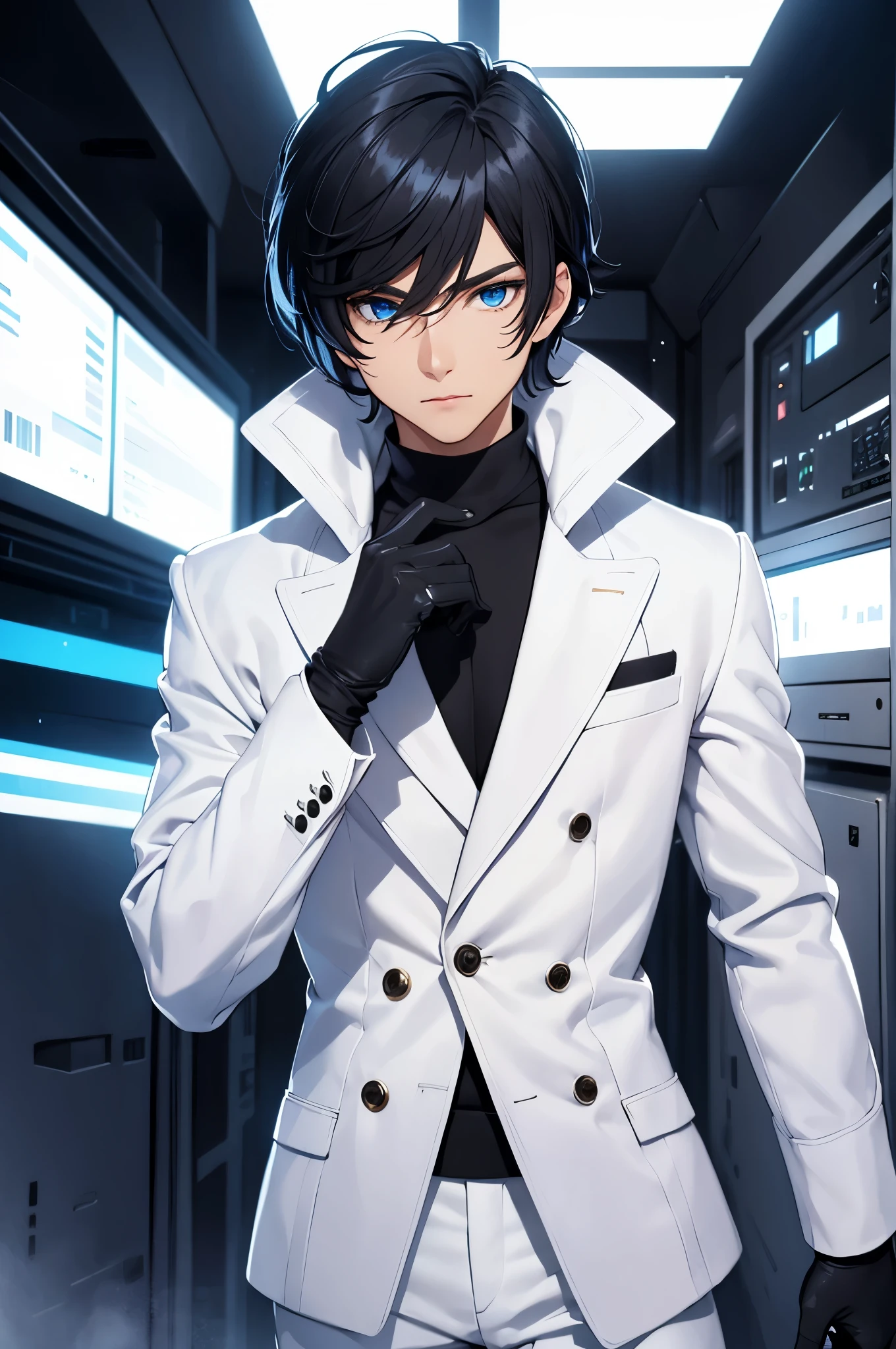 solo male, black hair, blue eyes, white coat, white pants, black sweater, white gloves