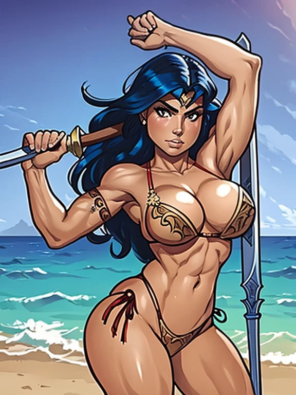 A closeup of a woman in a bikini holding a sword, uma guerreira loira sexy, barbarian mulher guerreira, retrato de uma barbarian woman, north guerreira, very beautiful barbarian woman, Poster. senhor das adagas, retrato de uma barbarian woman, guerreira, uma mulher berserker muito bonita, barbarian woman, mulheres guerreiras musculosas, mulher guerreira, north adult guerreira