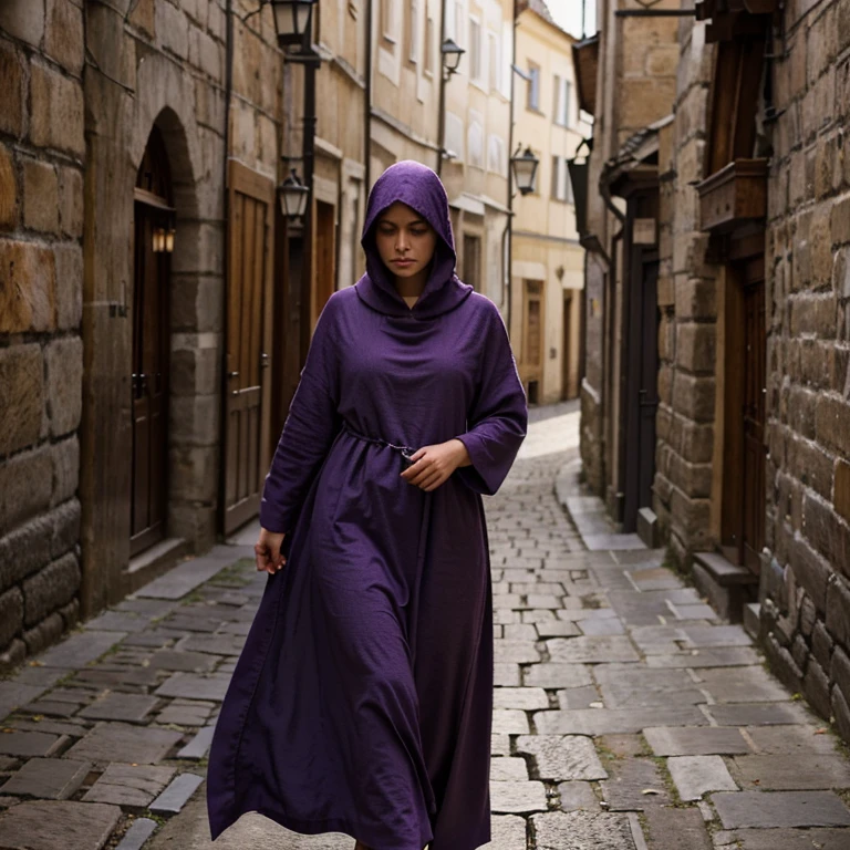 A serene woman, adorned in a purple tunic and hood, strolls along a cobblestone street in a medieval town. Her hands are clasped together, and she walks with a calm demeanor. The hood partially obscures her face, creating an air of mystery as her head is slightly inclined downward.