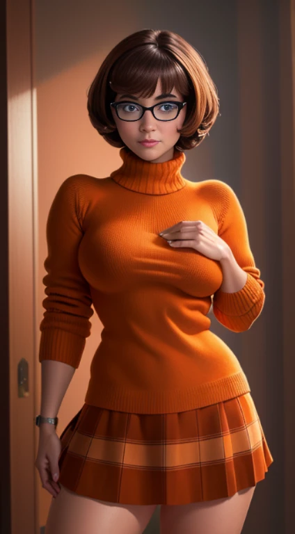 (masterpiece:1.2), (best quality), (ultra detailed), (8k, 4k, intricate),(full-body-shot:1), (highly detailed:1.2), (detailed face:1.2), ((portrait)), (dynamic pose:1.2)  Velma, 1girl, solo, bare breasts, looking at viewer, short hair, skirt, large breasts, brown hair, brown eyes, pantyhose, pleated skirt, glasses, pulling her sweater up, orange sweater exposed breasts, ((full body))