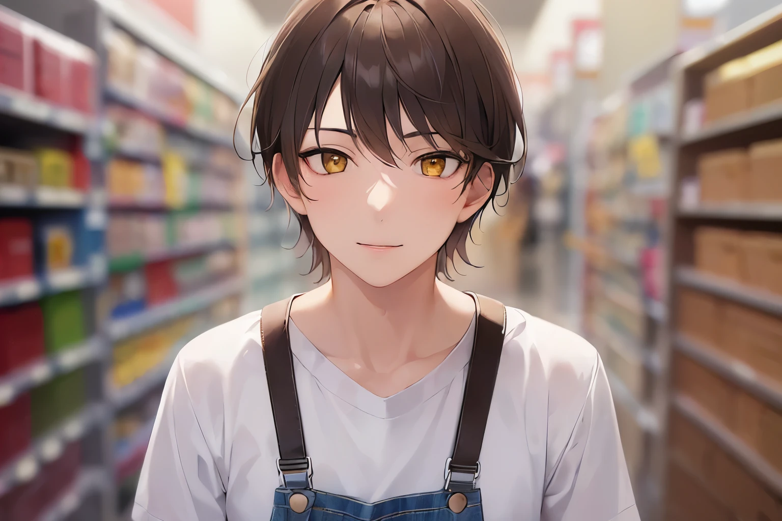 Realistic, real person, RAW photo, photorealistic, portrait photography, shiny skin, (25 year old man with short brown hair and yellow eyes:1.5)、wearing a white T-shirt、wearing a blue apron、smile, blush, Supermarket background、Alone、